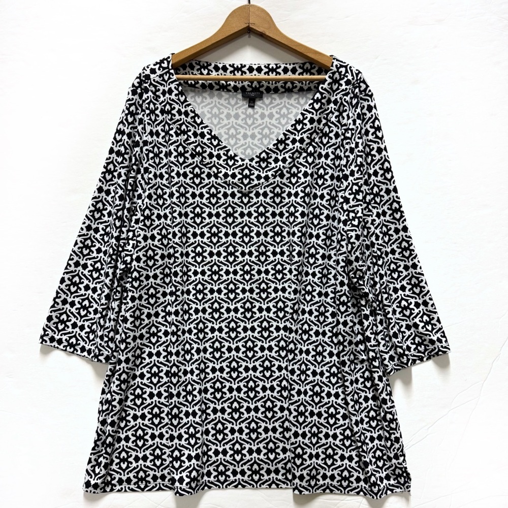 Talbots Pullover Tunic Blouse 3X Black White V Neck Stretch Casual Classy Office